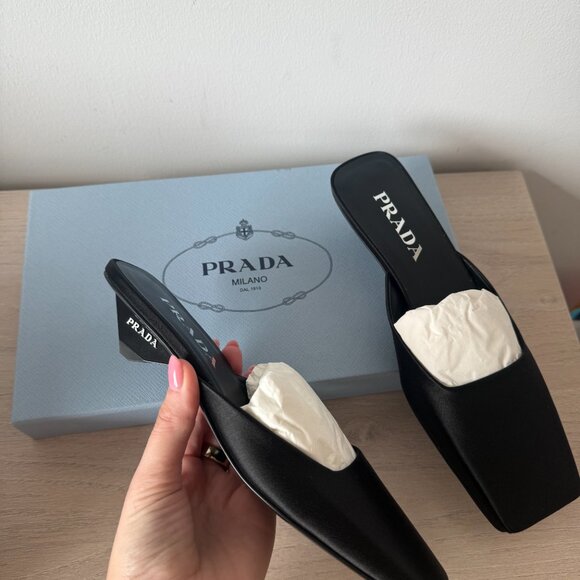 NWT Prada Slip-On Mules Black Satin Square Toe Leather Sole Triangle Heels Sz 36 - Picture 7 of 12